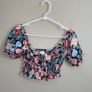 B.O.G Collective (Band of Gypsies) Floral Puff Sleeve smocked Crop Top blouse XS